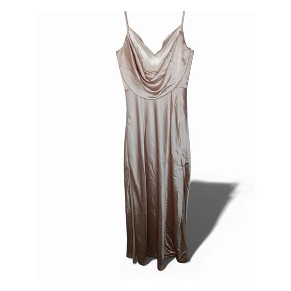 Revelry Champagne Satin Slip Maxi Dress Gown Cowl Neck Side Slit Size 12 Party - Picture 4 of 15